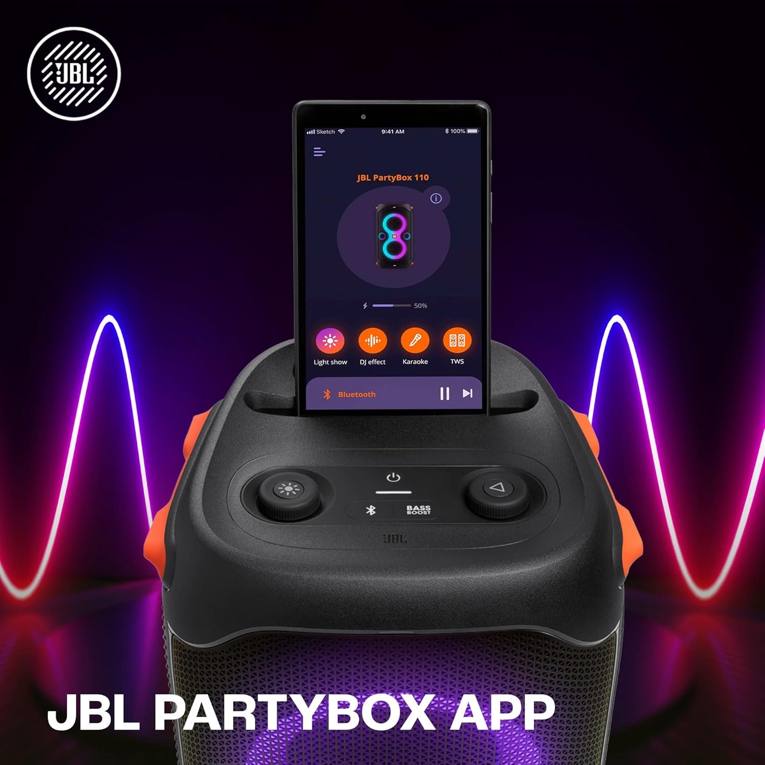 JBL Partybox 110, Wireless Bluetooth Party Speaker, 160W Monstrous Pro Sound, Dynamic Light Show, Upto 12Hrs Playtime, Built-in Powerbank, Guitar &amp; Mic Input, PartyBox App, Splashproof (Black) - View 6