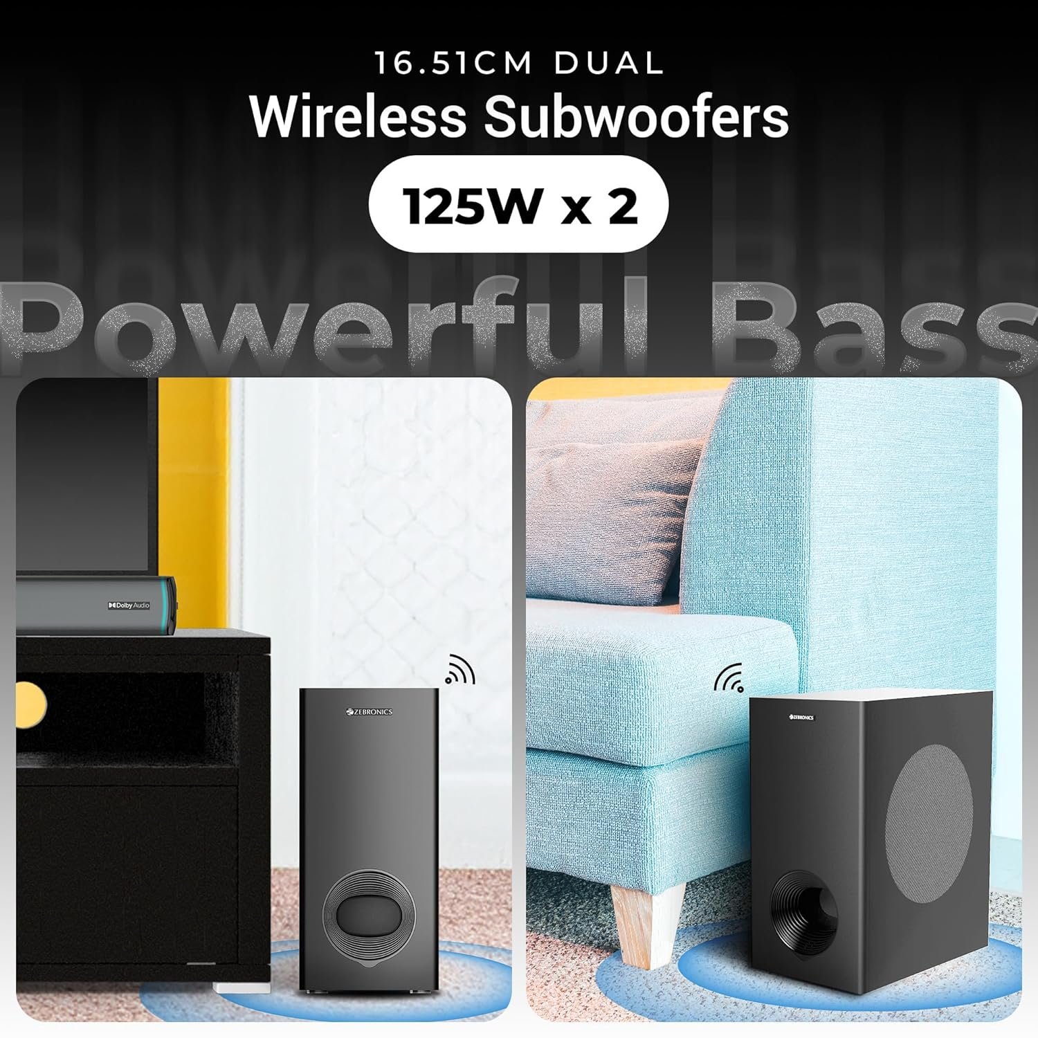 ZEBRONICS Juke bar 9550 pro 5.2 Soundbar (625 Watts), Dolby Audio, Dual Wireless Subwoofer &amp; Satellite, BT v5.3, HDMI ARC, Optical, Powerful Bass, RGB LED Lights, Wall Mountable - View 9