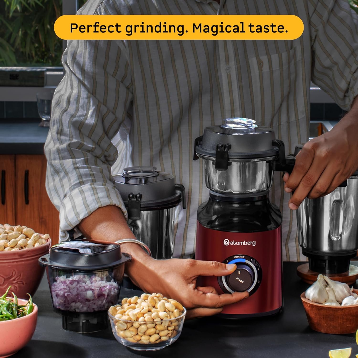 Atomberg Zenova Mixer Grinder | Unique Coarse Mode for Silbatta-like Texture | Intelligent BLDC Motor | Safety Features | 4 Jars including Chopper | Hands-Free Operation (Red Wine) - View 9