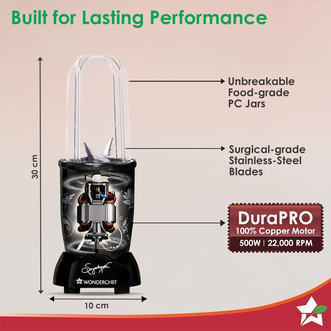 Wonderchef Nutri-blend 500W Juicer Mixer Grinder, 22000 RPM Copper Motor, Smoothie Maker, Masala Grinder, Chutney Blender, 2 Unbreakable Jars, Recipe Book by Chef Sanjeev Kapoor, 2 Yr Warranty, Black - View 9