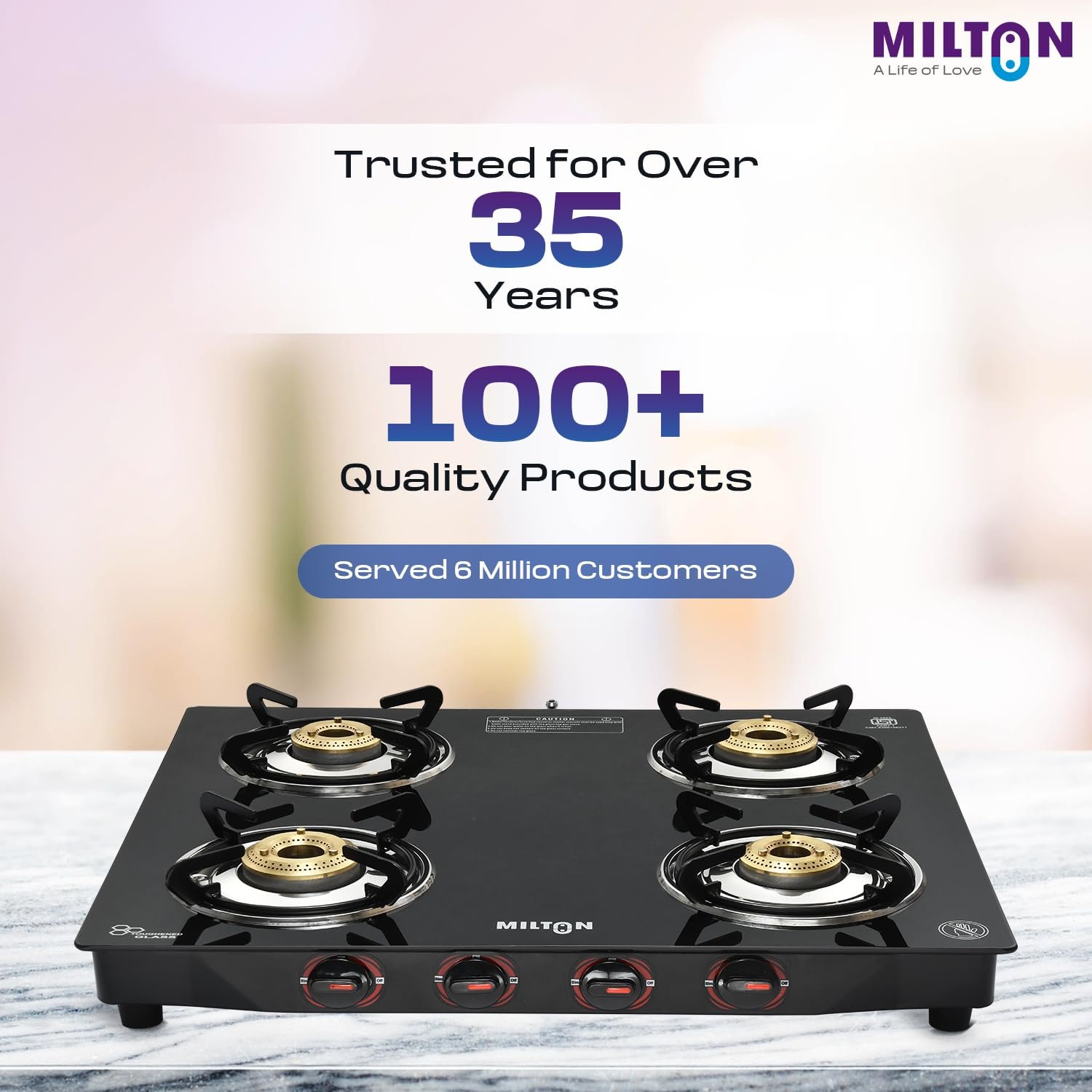 MILTON Premium 4 Burner Black Manual Ignition Glass Top Gas Stove, (ISI Certified) - View 7