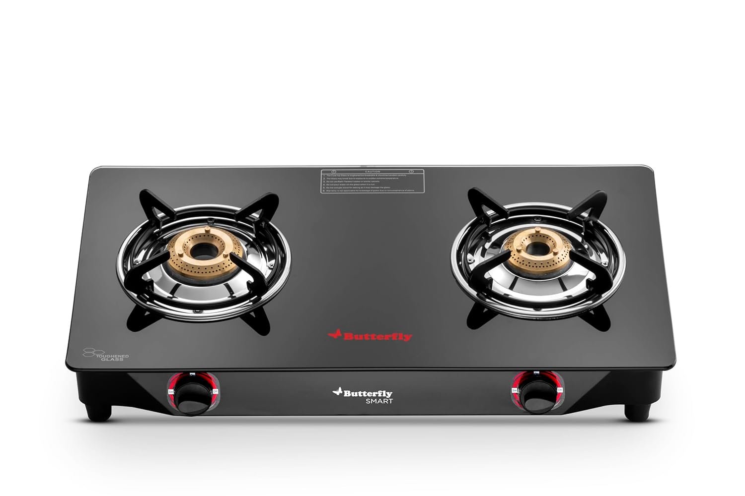 Butterfly Smart 2 Burner Glass Top Gas Stove | Manual Ignition | Scratch Resistant Toughened Glass | Brass Burners | Skid-proof Legs | 1 Year Manufacturer's Warranty | Black