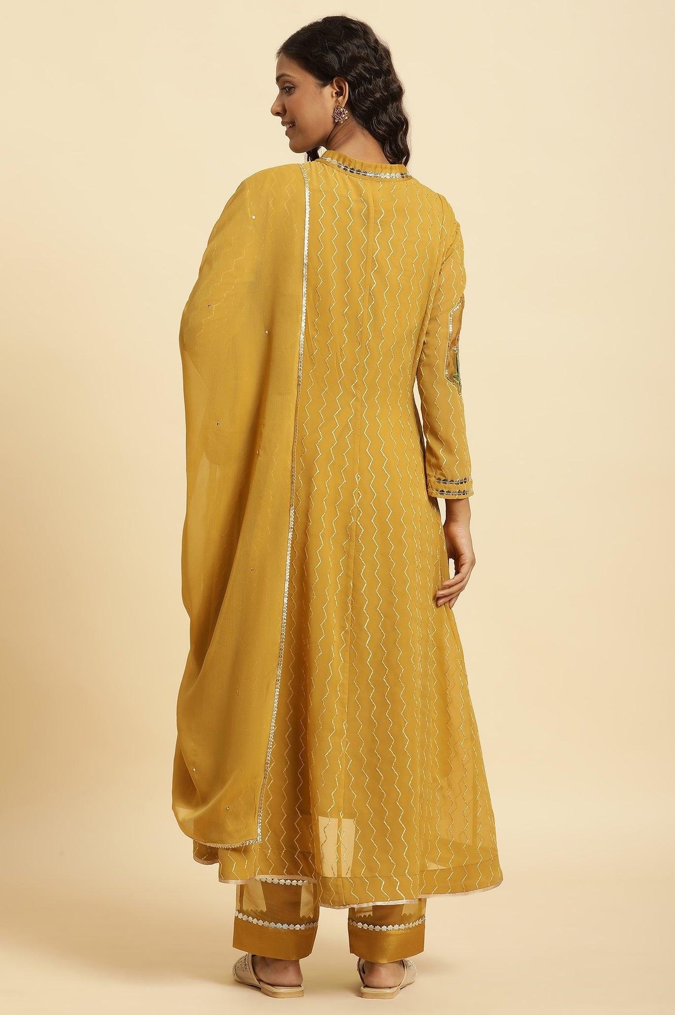 Yellow Embroidered Kurta, Pants And Dupatta Set - View 7