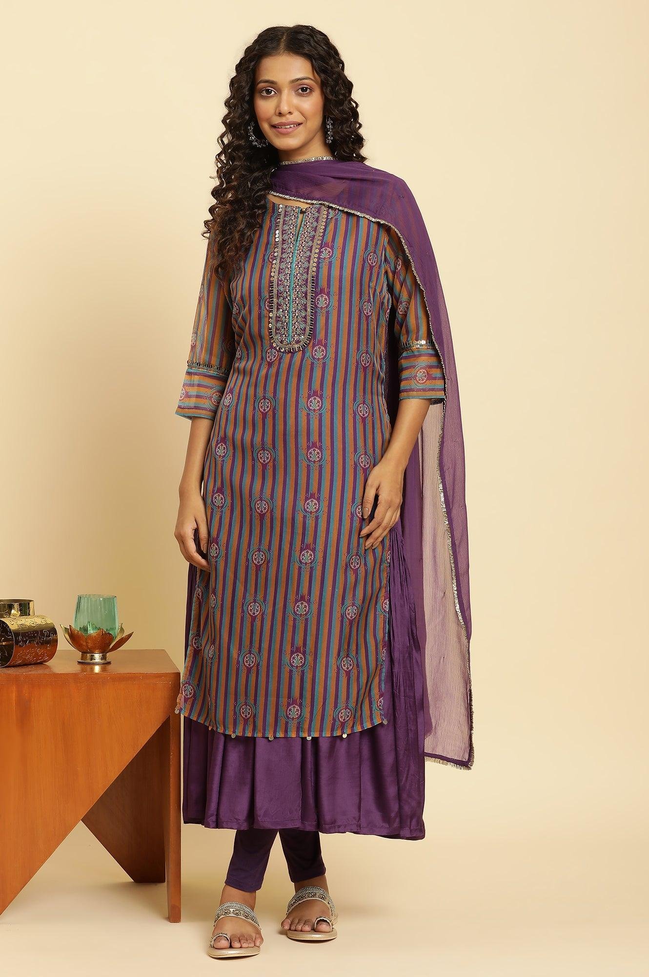 Purple Layered Suzani Printed Kurta, Tights And Dupatta Set - View 6