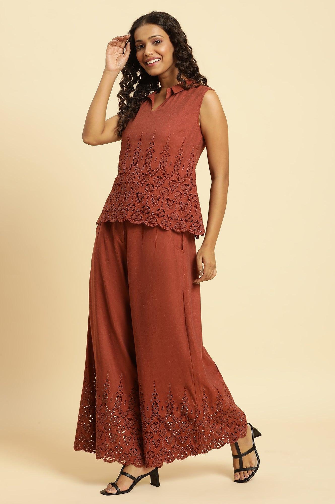 Dark Red Cotton Schiffli Top And Pants Co-Ord Set - View 6