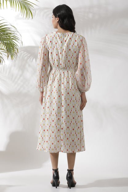 White Polka Dot Printed Gathered Western Dress - View 4