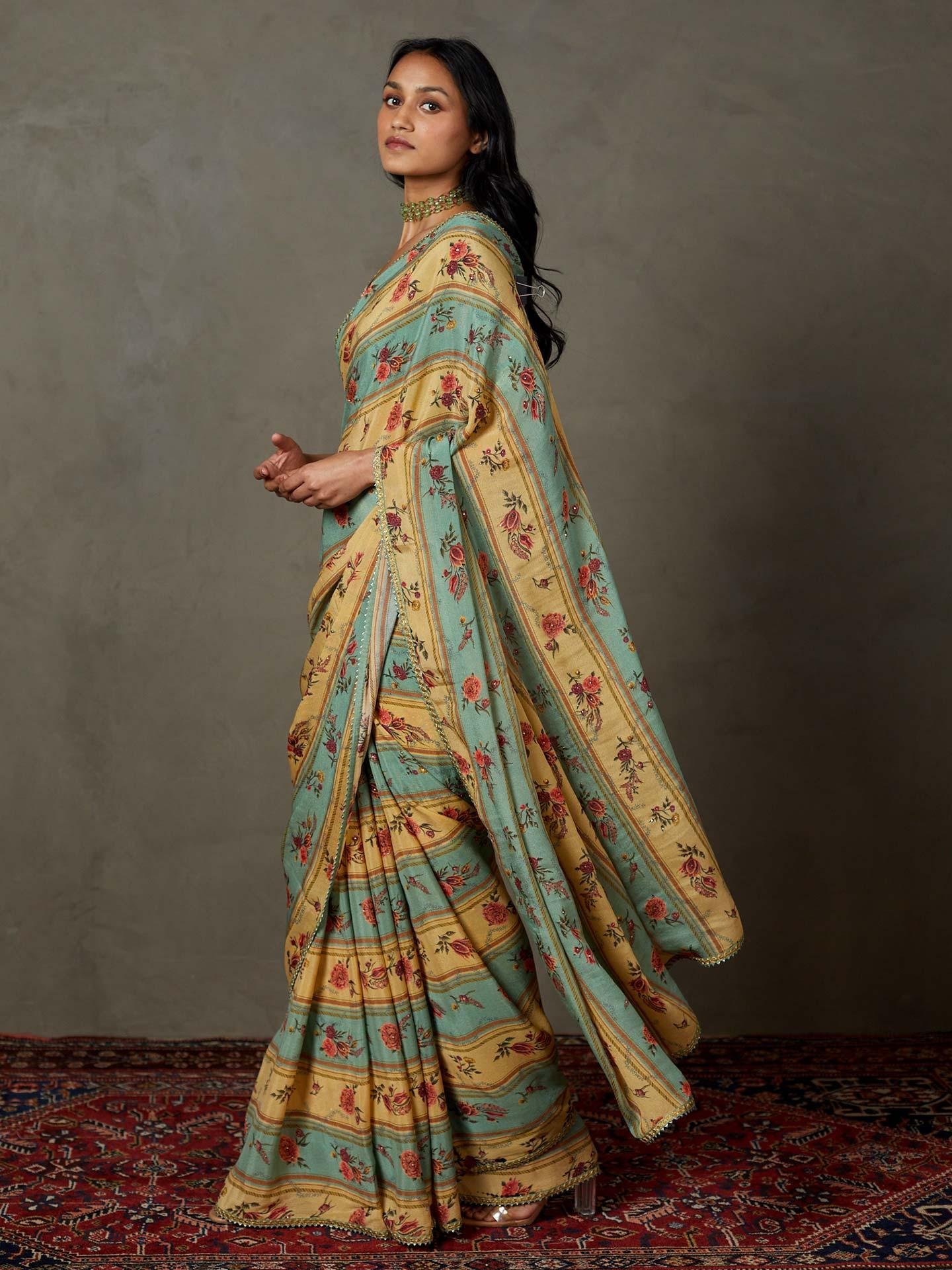 Light Teal Dahlia Saree With Unstitched Blouse - View 4