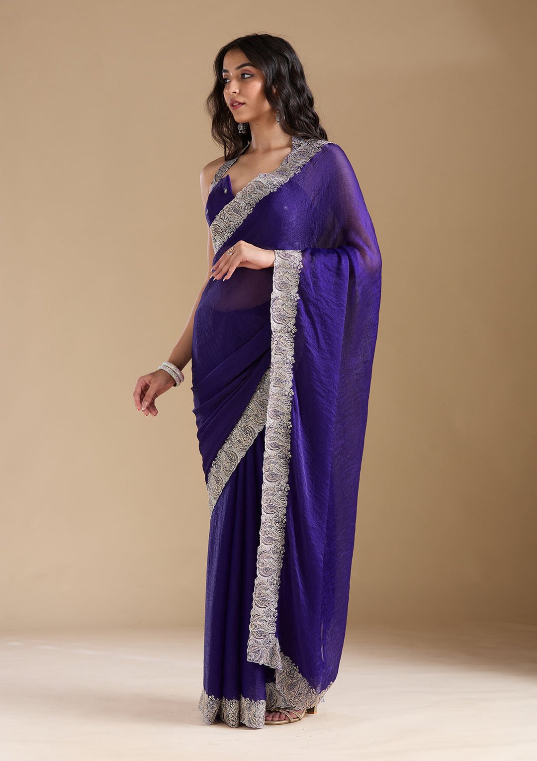 Violet Zariwork (Silver) Chiffon Saree - View 3