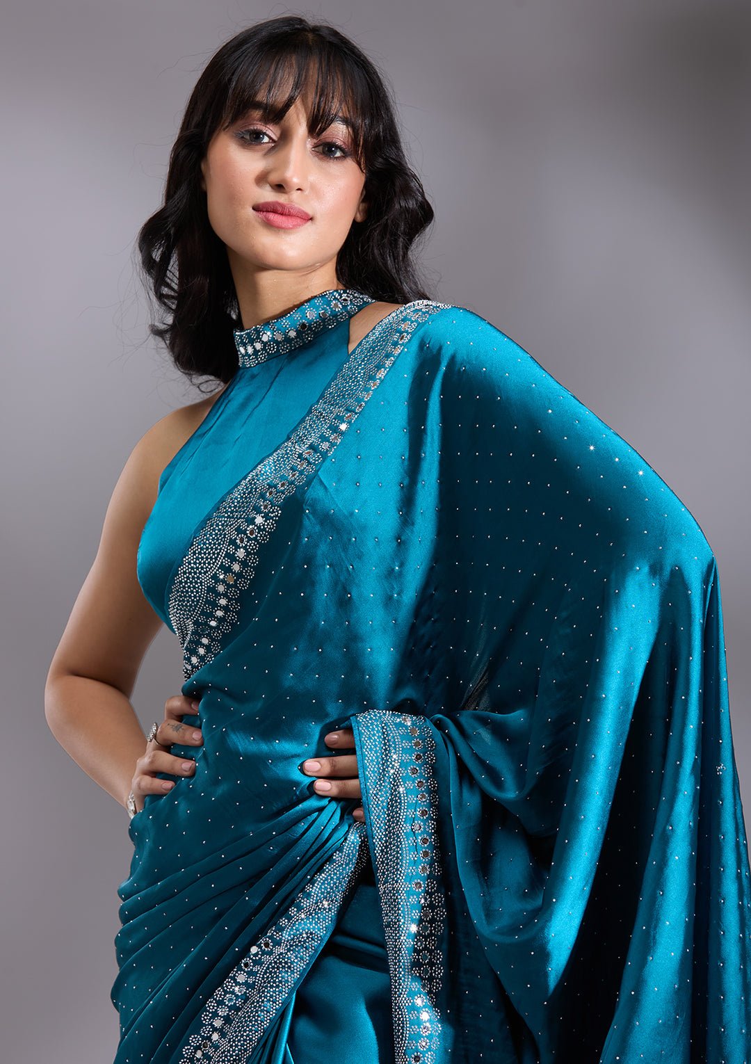 Peacock Blue Silver Stonework Satin Saree - View 5