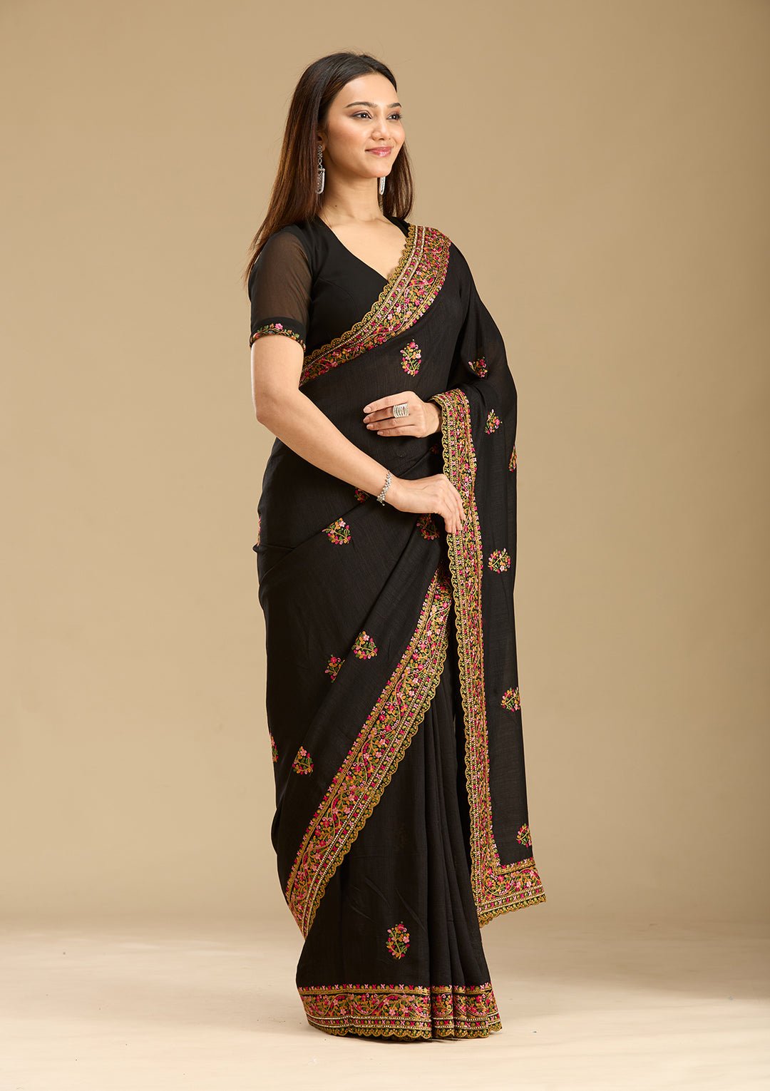 Black Kashmiri Soft Raw Silk Saree - View 3
