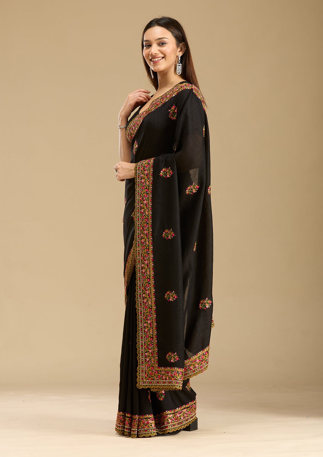 Black Kashmiri Soft Raw Silk Saree - View 2