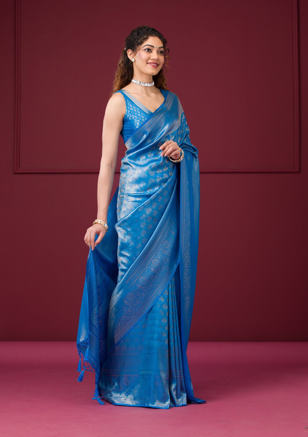 Turquoise Blue Zariwork Art Silk Saree - View 5