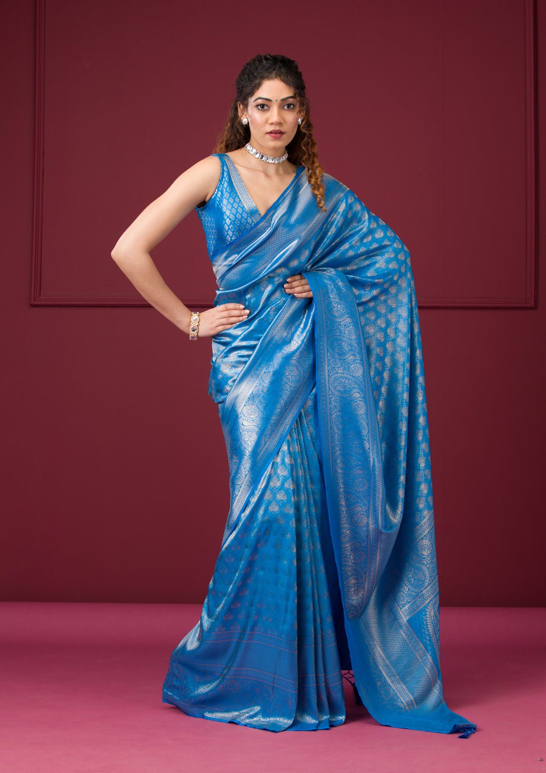 Turquoise Blue Zariwork Art Silk Saree - View 6