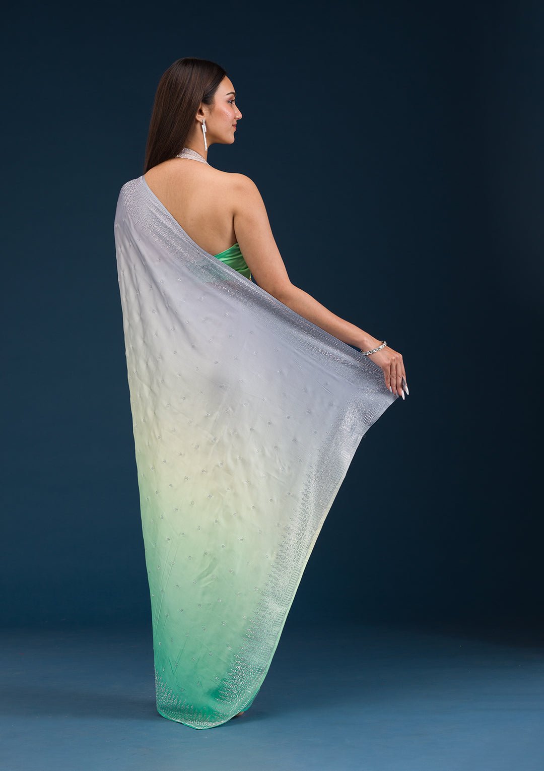 Grey Stonework Satin Saree - View 7