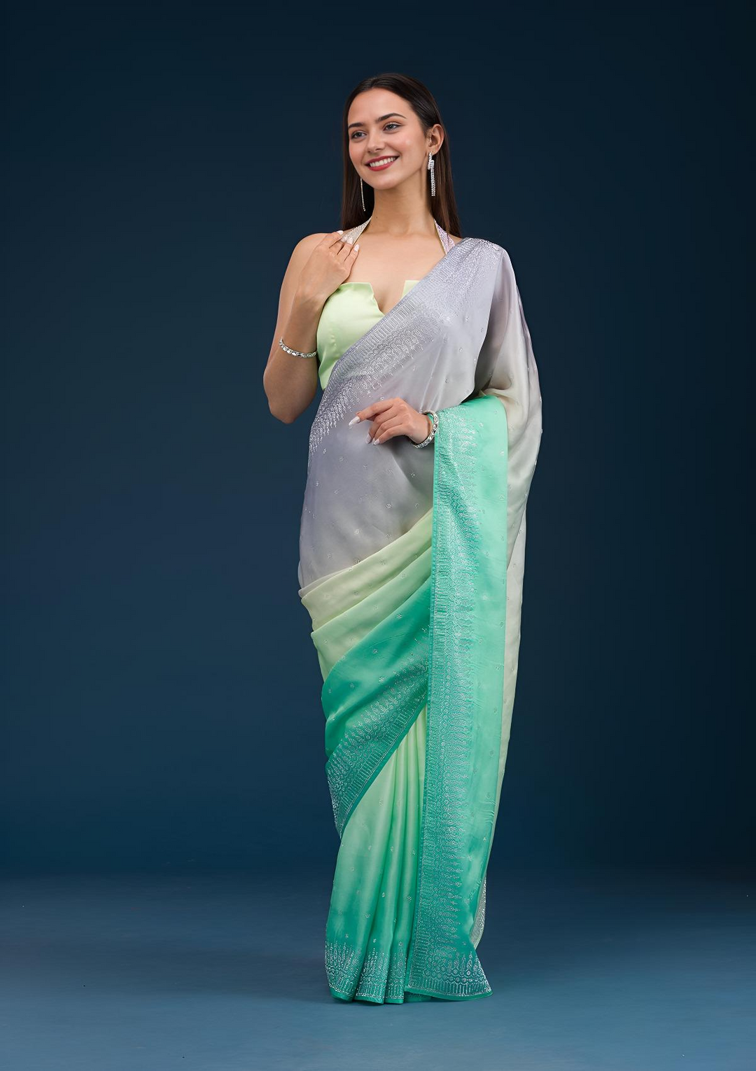 Grey Stonework Satin Saree - View 3