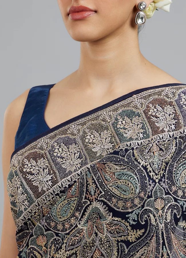 Indigo Blue Georgette Festive Saree - View 2