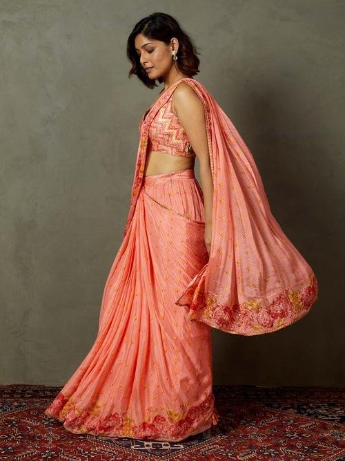 Coral Blue Rose Pre-Draped Saree - View 2
