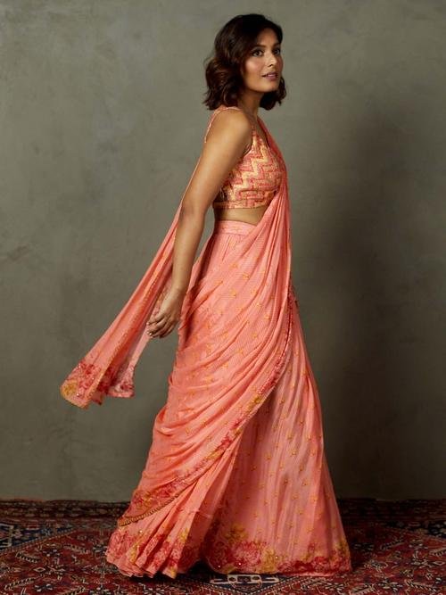 Coral Blue Rose Pre-Draped Saree - View 3