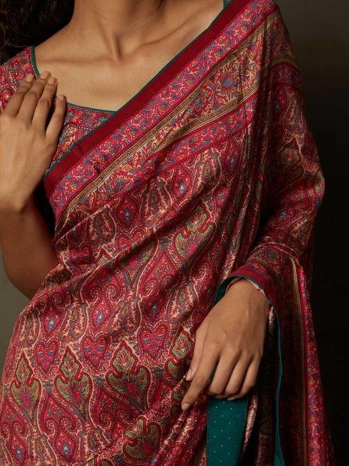 Pink &amp; Beige Shereen Saree With Unstitched Blouse - View 2