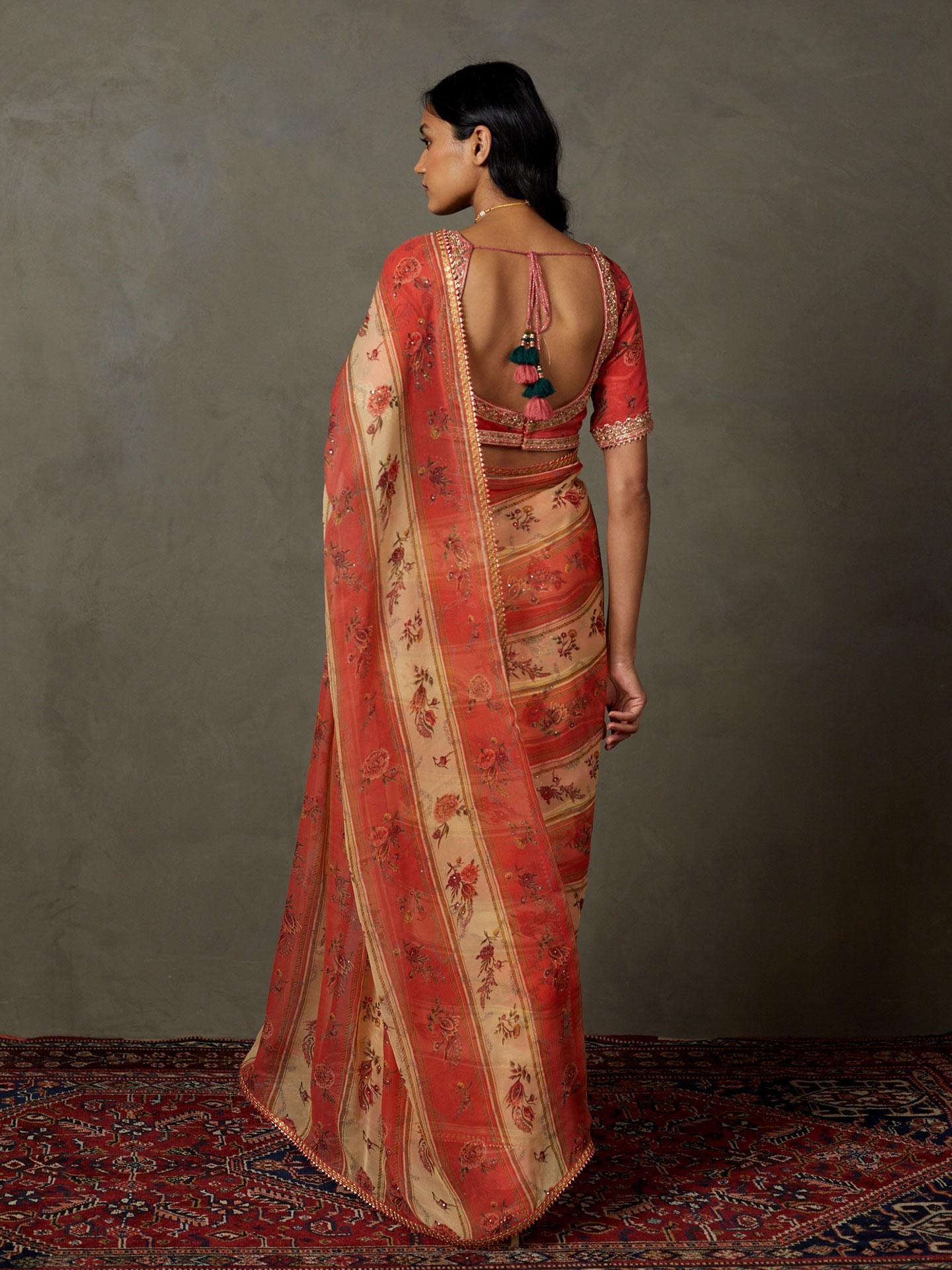 Peach & Multi Dahlia Saree With Unstitched Blouse - View 5