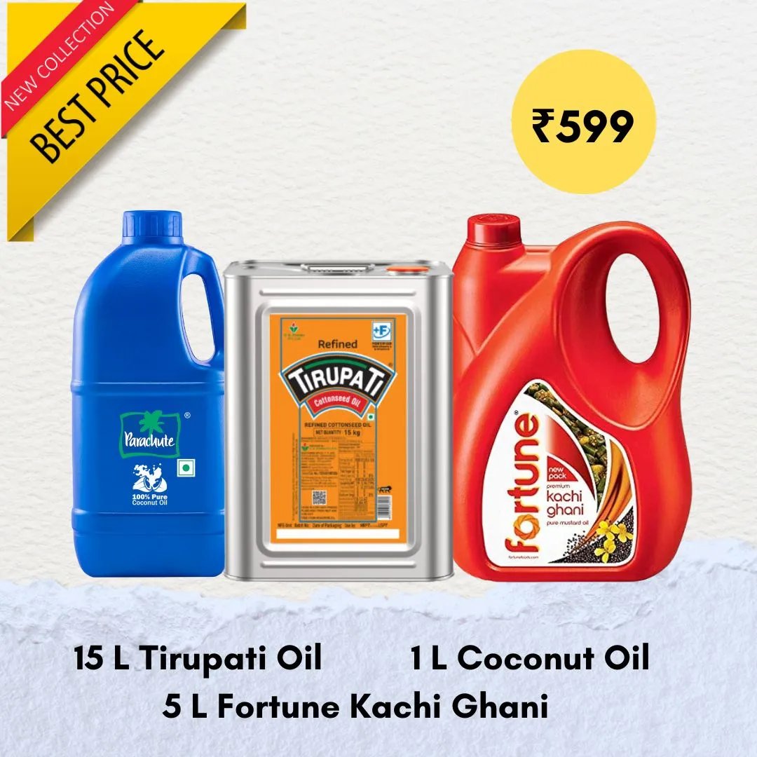 5L Fortune Premium Kachi Ghani Pure Mustard Oil, 15L Tirupati Cotton Seed Oil, 1L Coconut Oil : Combo Deal
