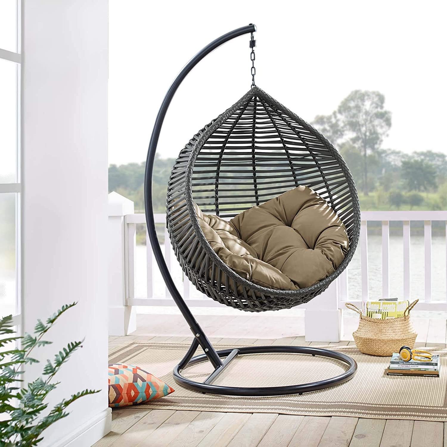 Wicker Rattan Wrought Iron Single Seater Swing Chair Stand For Adults|Garden &amp; Outdoor Hammock Swing Cushions For Kids|Teardrop Swing Hanging Chair W/ Curve Stand|Jhula-114.3 Cm,25.5 Cm,50"